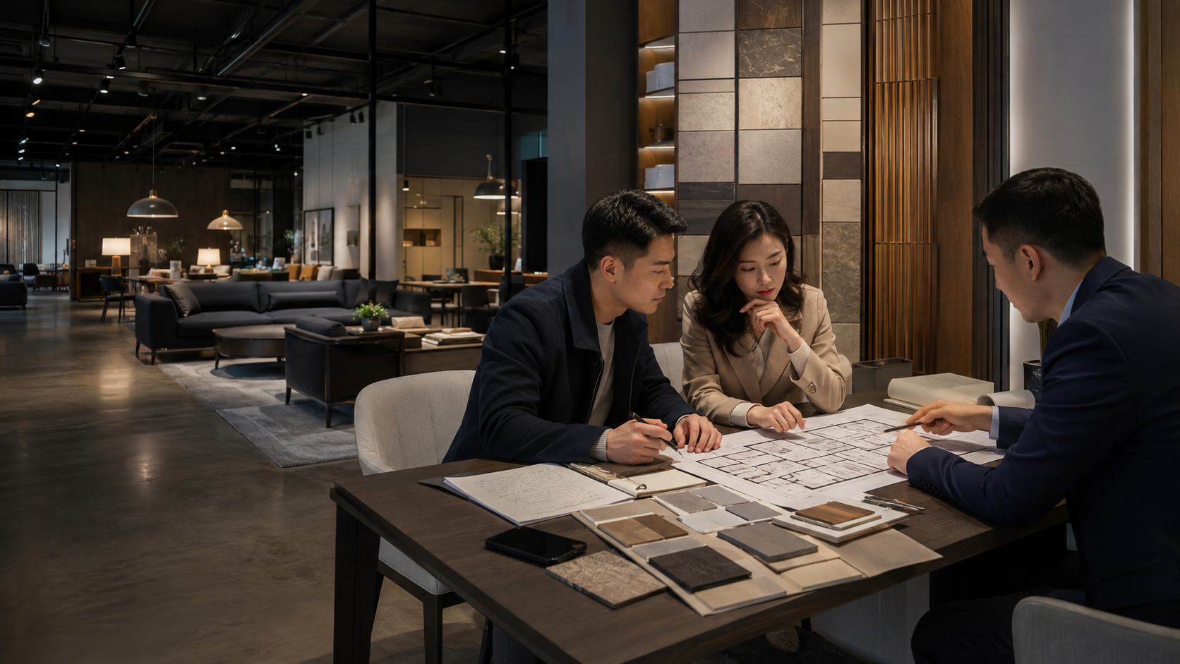 消费者在专业家居卖场查看户型图、预算和材料样品